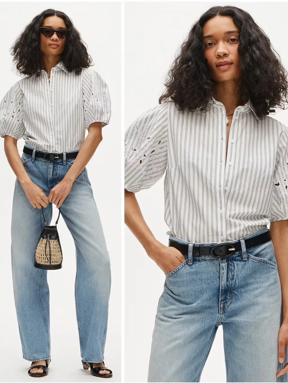 J CREW SIZE 8 Eyelet puff-sleeve shirt in striped cotton poplin CT095